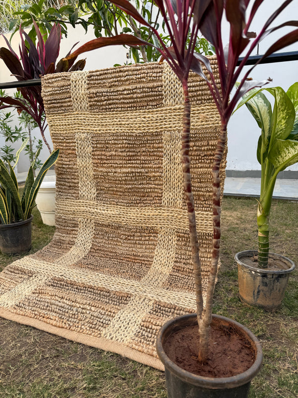 3X5 Natural Jute Grid Rug- Handwoven Rustic Bohemian Area Rug