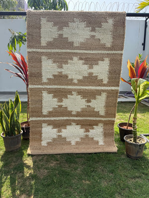 Handwoven Tribal Jute Hemp Area Rug- Natural & Ivory Geometric Boho Rug Runner, Eco-Friendly, 2.5X10 ft