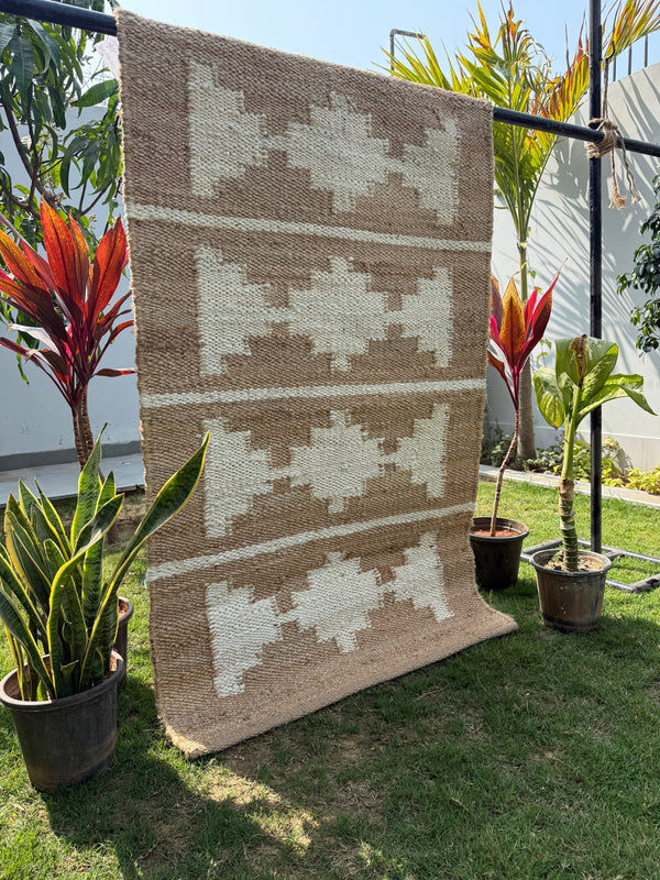 Handwoven Tribal Jute Hemp Area Rug- Natural & Ivory Geometric Boho Rug Runner, Eco-Friendly, 2.5X10 ft