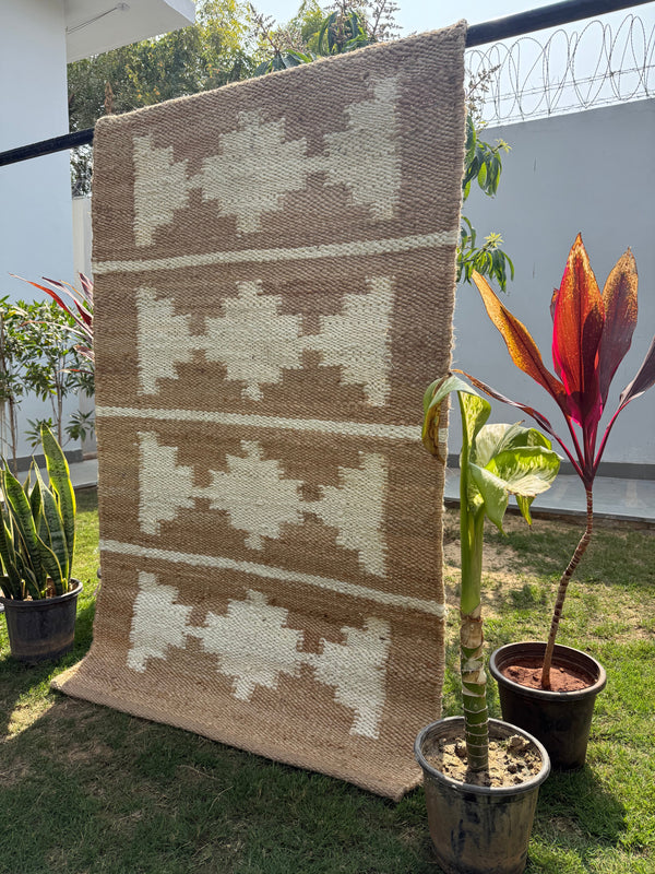 Handwoven Tribal Jute Hemp Area Rug- Natural & Ivory Geometric Boho Rug Runner, Eco-Friendly, 2.5X10 ft