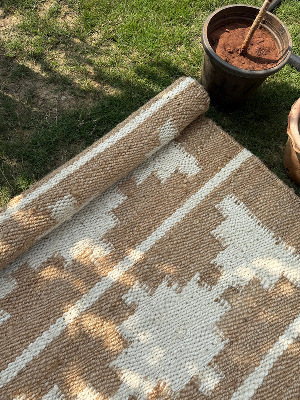 Handwoven Tribal Jute Hemp Area Rug- Natural & Ivory Geometric Boho Rug Runner, Eco-Friendly, 2.5X10 ft