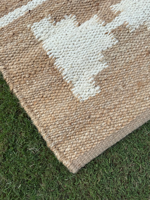 Handwoven Tribal Jute Hemp Area Rug- Natural & Ivory Geometric Boho Rug Runner, Eco-Friendly, 2.5X10 ft