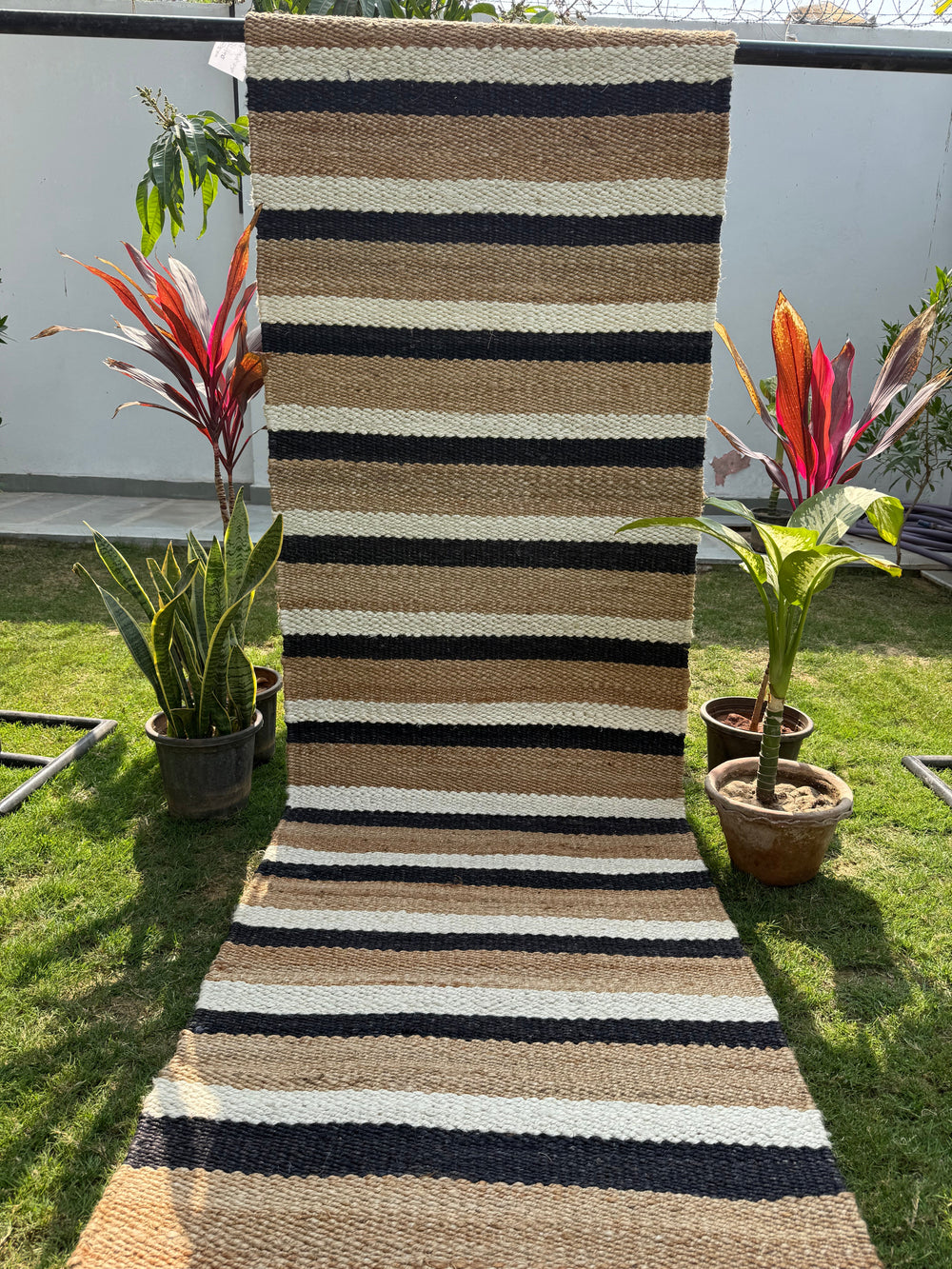 Handwoven Black Striped Jute Runner Rug, Natural Flatweave Kitchen Decor, Handmade Boho Farmhouse Hemp Rug
