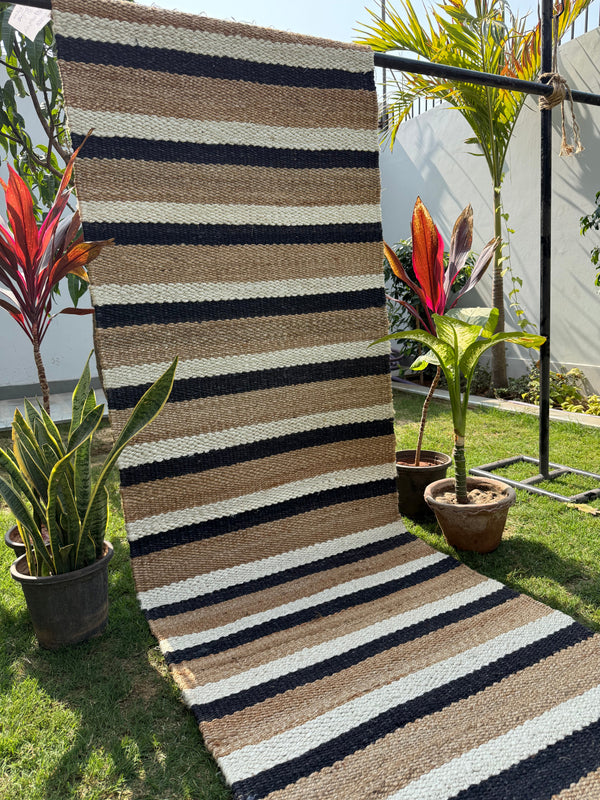 Handwoven Black Striped Jute Runner Rug, Natural Flatweave Kitchen Decor, Handmade Boho Farmhouse Hemp Rug