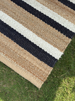 Handwoven Black Striped Jute Runner Rug, Natural Flatweave Kitchen Decor, Handmade Boho Farmhouse Hemp Rug
