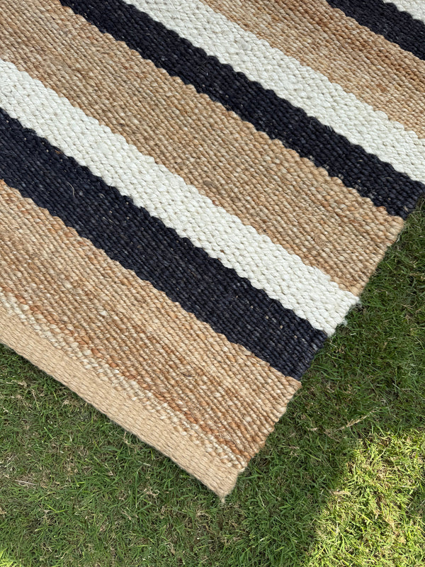Handwoven Black Striped Jute Runner Rug, Natural Flatweave Kitchen Decor, Handmade Boho Farmhouse Hemp Rug
