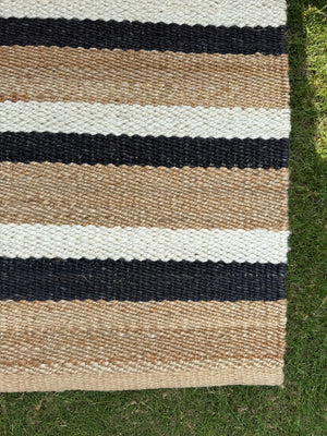 Handwoven Black Striped Jute Runner Rug, Natural Flatweave Kitchen Decor, Handmade Boho Farmhouse Hemp Rug