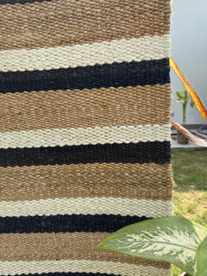Handwoven Black Striped Jute Runner Rug, Natural Flatweave Kitchen Decor, Handmade Boho Farmhouse Hemp Rug