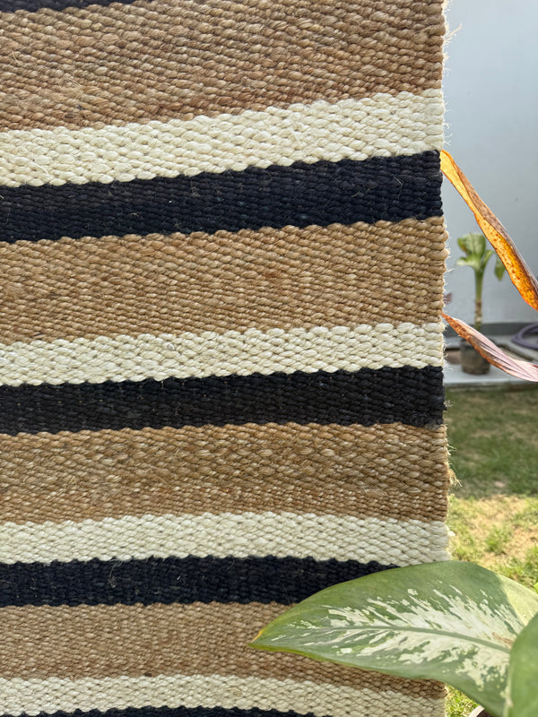 Handwoven Black Striped Jute Runner Rug, Natural Flatweave Kitchen Decor, Handmade Boho Farmhouse Hemp Rug