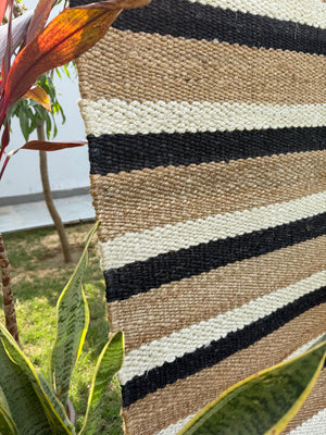 Handwoven Black Striped Jute Runner Rug, Natural Flatweave Kitchen Decor, Handmade Boho Farmhouse Hemp Rug
