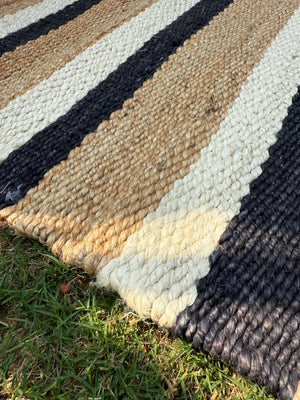 Handwoven Black Striped Jute Runner Rug, Natural Flatweave Kitchen Decor, Handmade Boho Farmhouse Hemp Rug