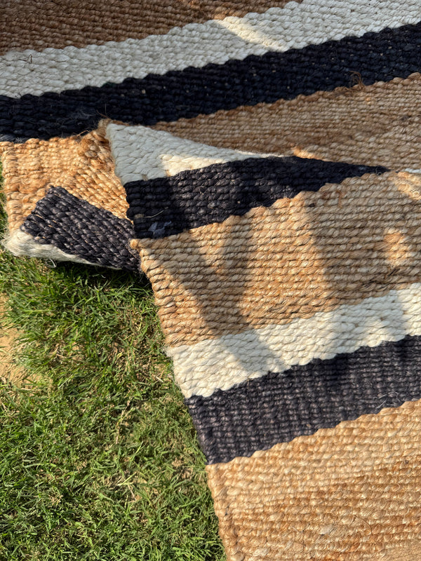 Handwoven Black Striped Jute Runner Rug, Natural Flatweave Kitchen Decor, Handmade Boho Farmhouse Hemp Rug