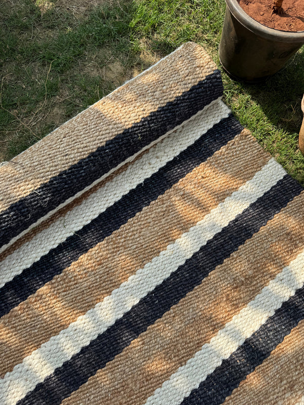 Handwoven Black Striped Jute Runner Rug, Natural Flatweave Kitchen Decor, Handmade Boho Farmhouse Hemp Rug