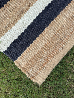 Handwoven Black Striped Jute Runner Rug, Natural Flatweave Kitchen Decor, Handmade Boho Farmhouse Hemp Rug