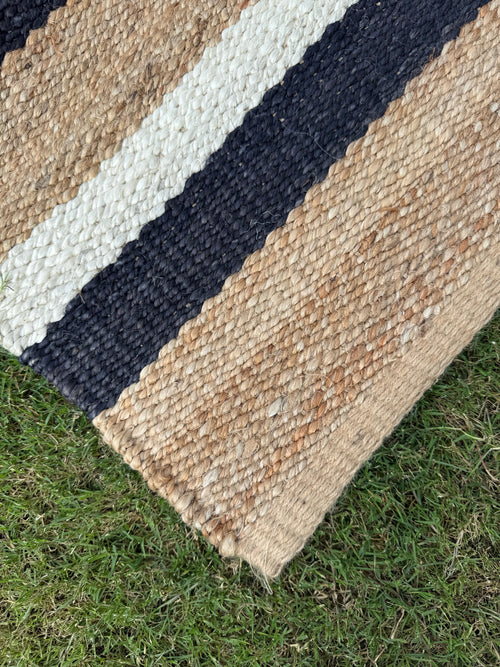 Handwoven Black Striped Jute Runner Rug, Natural Flatweave Kitchen Decor, Handmade Boho Farmhouse Hemp Rug
