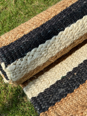 Handwoven Black Striped Jute Runner Rug, Natural Flatweave Kitchen Decor, Handmade Boho Farmhouse Hemp Rug