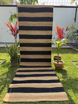 Natural & Black Jute Runner Rug- 2.6'X8' ft, Handwoven Vintage Bedside Area Rug