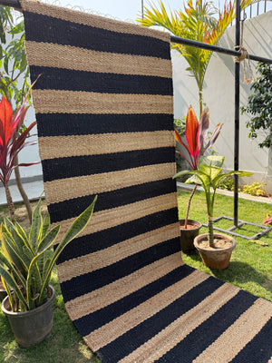 Natural & Black Jute Runner Rug- 2.6'X8' ft, Handwoven Vintage Bedside Area Rug