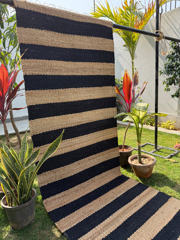 Natural & Black Jute Runner Rug- 2.6'X8' ft, Handwoven Vintage Bedside Area Rug