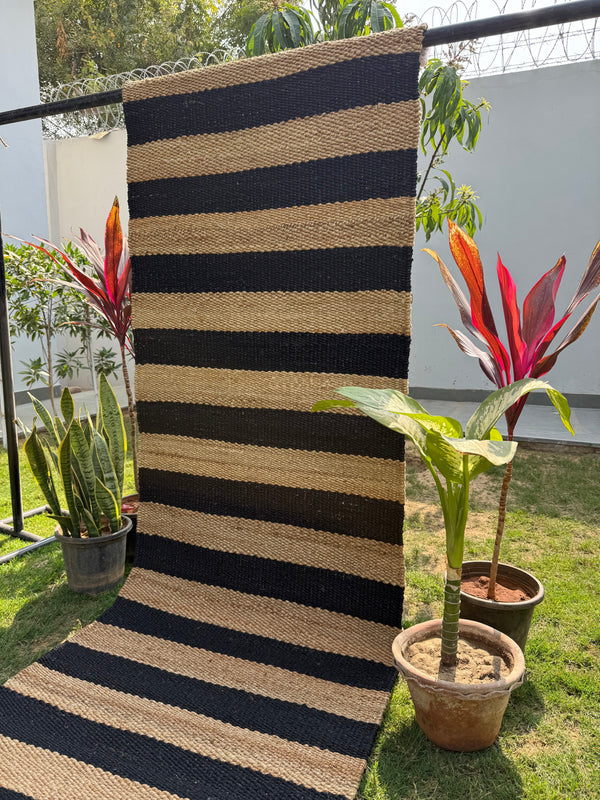 Natural & Black Jute Runner Rug- 2.6'X8' ft, Handwoven Vintage Bedside Area Rug