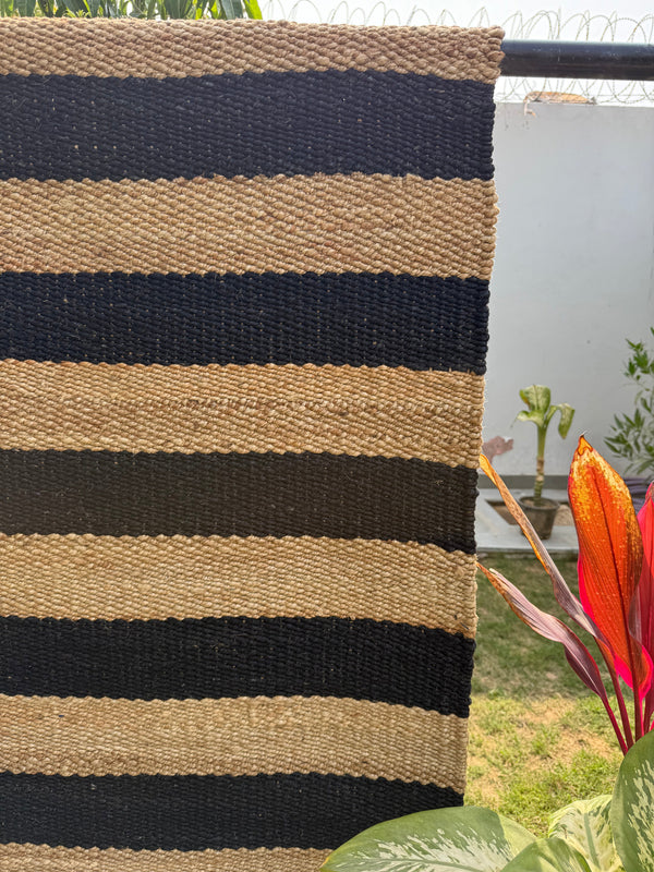 Natural & Black Jute Runner Rug- 2.6'X8' ft, Handwoven Vintage Bedside Area Rug