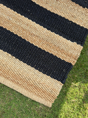 Natural & Black Jute Runner Rug- 2.6'X8' ft, Handwoven Vintage Bedside Area Rug
