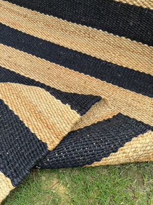 Natural & Black Jute Runner Rug- 2.6'X8' ft, Handwoven Vintage Bedside Area Rug