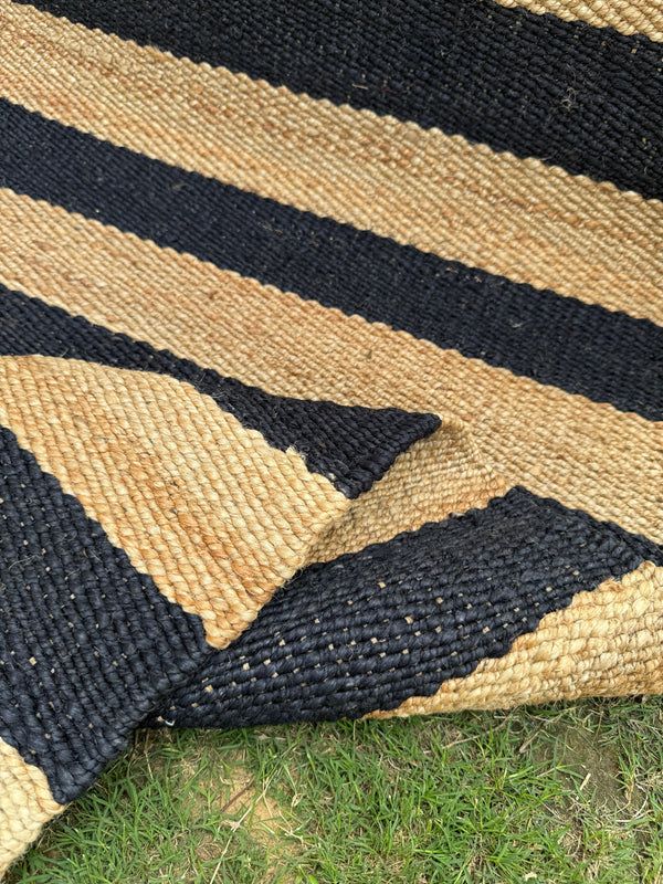 Natural & Black Jute Runner Rug- 2.6'X8' ft, Handwoven Vintage Bedside Area Rug