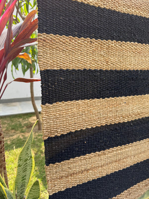 Natural & Black Jute Runner Rug- 2.6'X8' ft, Handwoven Vintage Bedside Area Rug