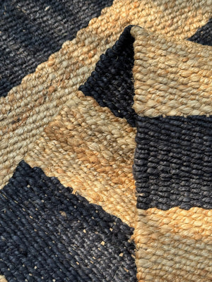 Natural & Black Jute Runner Rug- 2.6'X8' ft, Handwoven Vintage Bedside Area Rug
