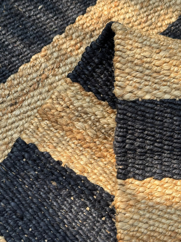 Natural & Black Jute Runner Rug- 2.6'X8' ft, Handwoven Vintage Bedside Area Rug