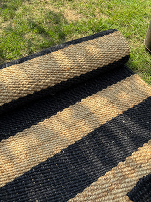 Natural & Black Jute Runner Rug- 2.6'X8' ft, Handwoven Vintage Bedside Area Rug