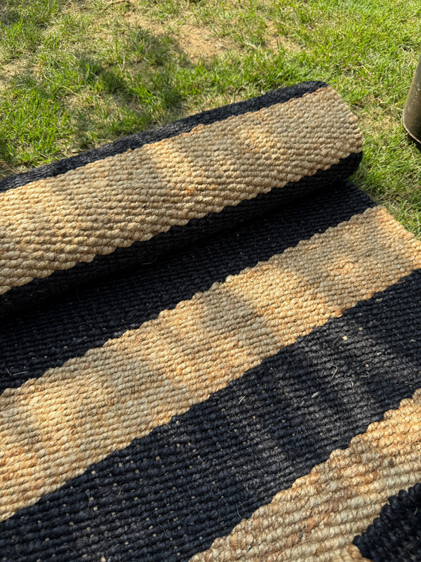 Natural & Black Jute Runner Rug- 2.6'X8' ft, Handwoven Vintage Bedside Area Rug