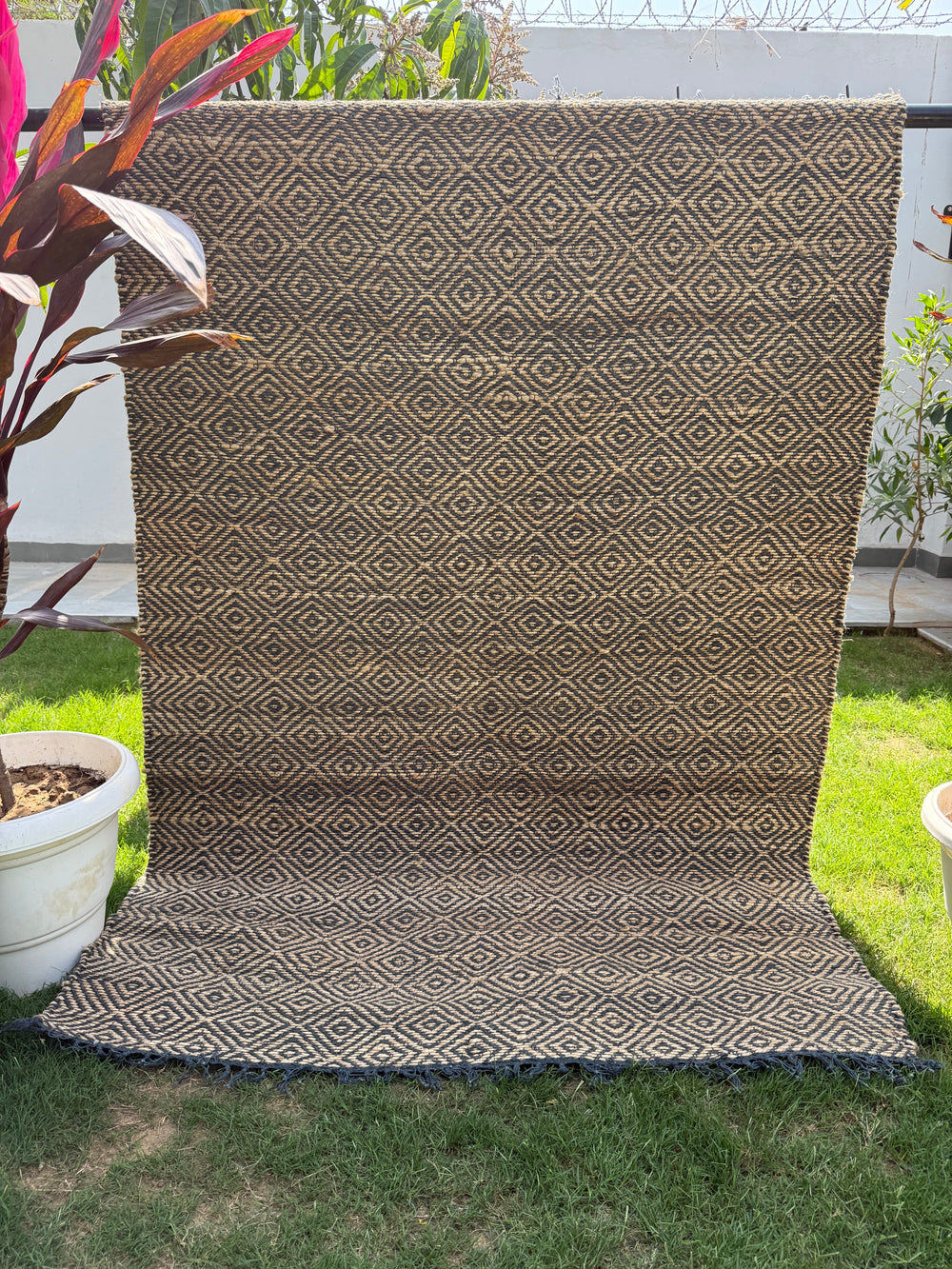 Handwoven Black & Natural Jute Rug, Boho Home Decor, Sustainable, Hallway Carpet