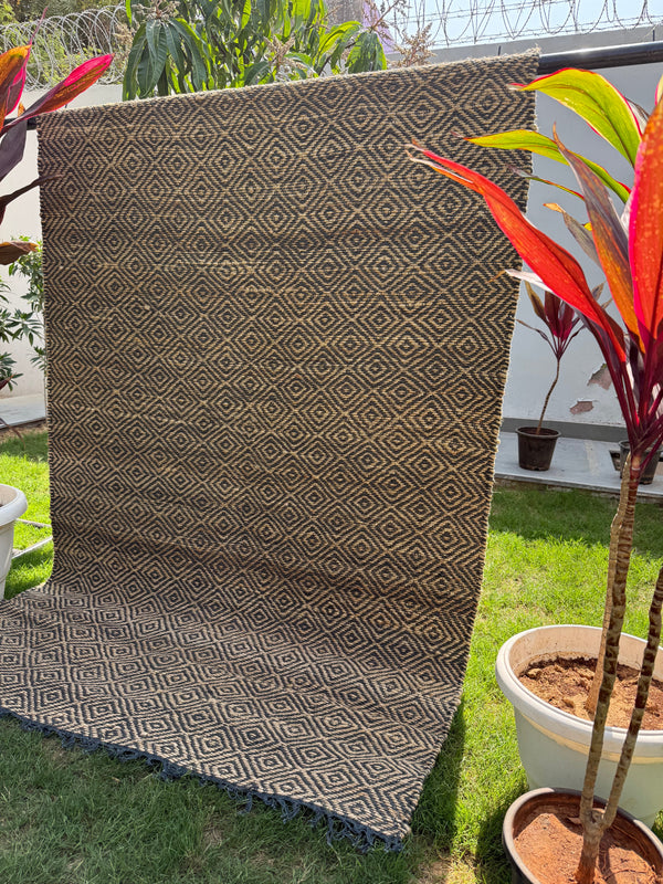 Handwoven Black & Natural Jute Rug, Boho Home Decor, Sustainable, Hallway Carpet
