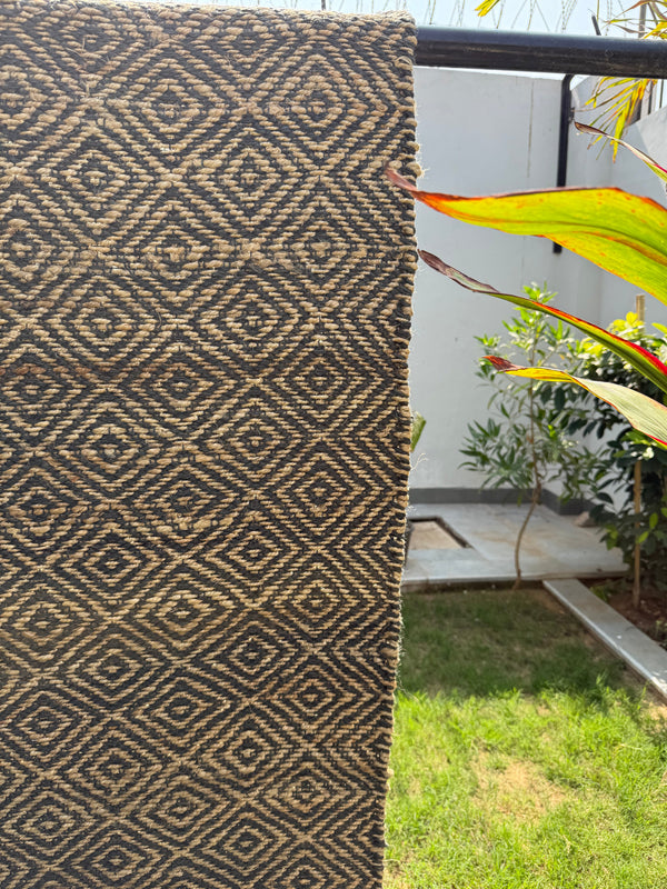 Handwoven Black & Natural Jute Rug, Boho Home Decor, Sustainable, Hallway Carpet