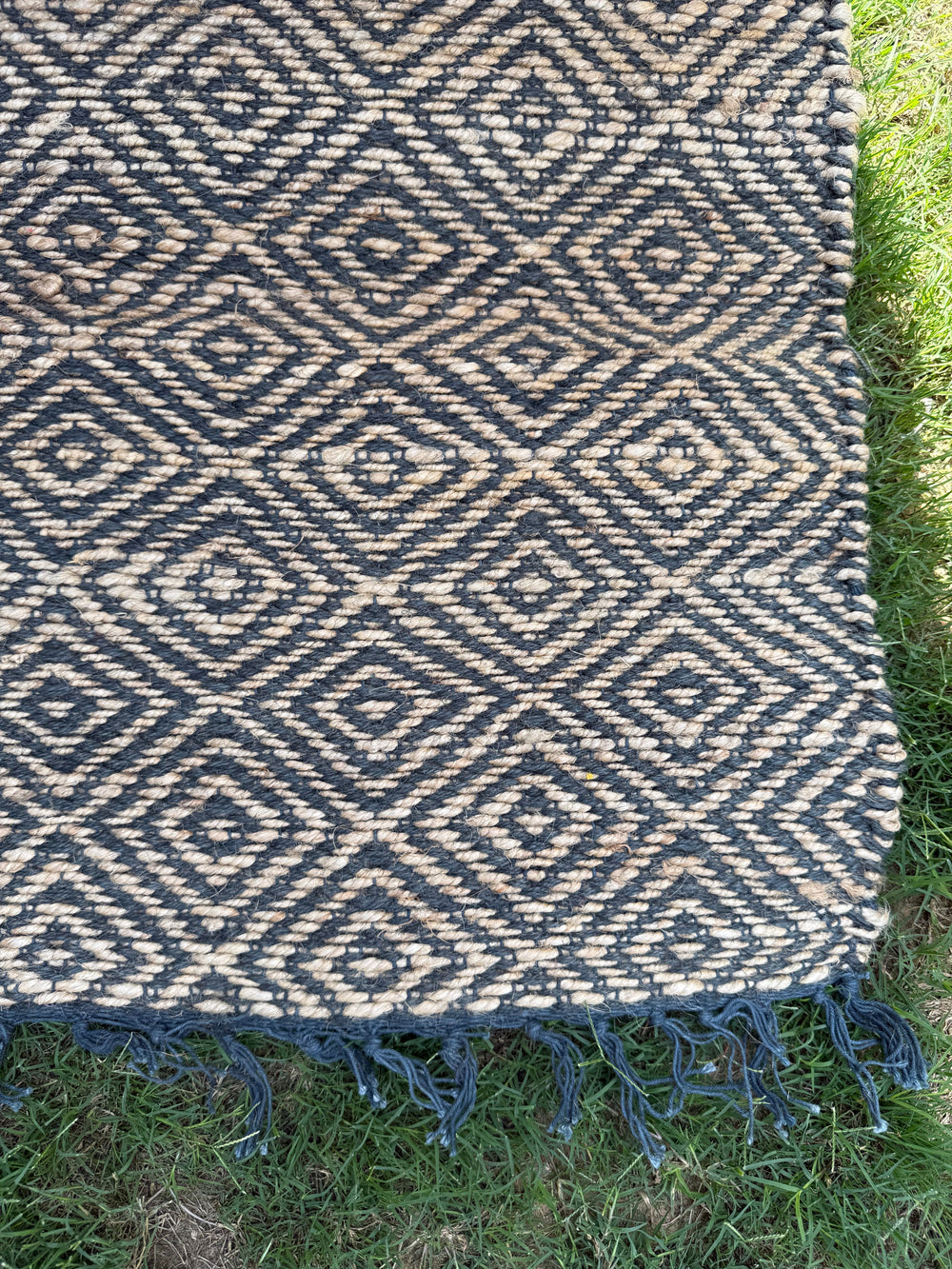Handwoven Black & Natural Jute Rug, Boho Home Decor, Sustainable, Hallway Carpet