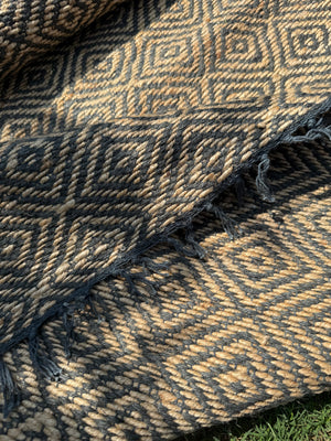 Handwoven Black & Natural Jute Rug, Boho Home Decor, Sustainable, Hallway Carpet