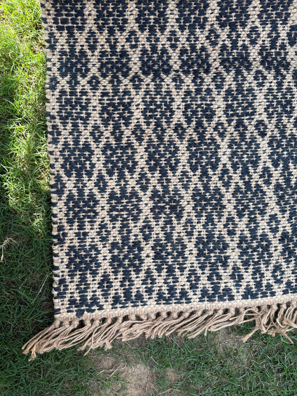 Handwoven Natural & Black Diamond Pattern Rug- 4X6 Boho Jute Hemp Area Rug