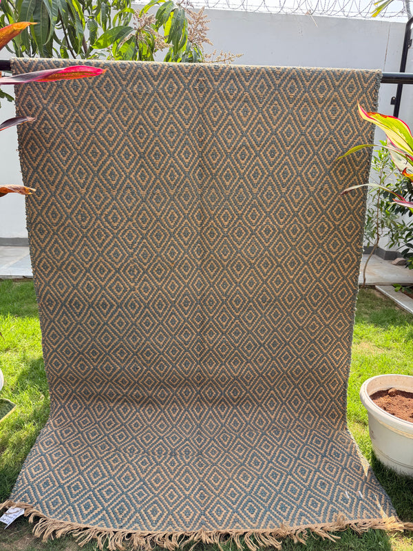 Handwoven Navy Diamond Flatweave Rug- Natural Boho Jute Runner 4x6