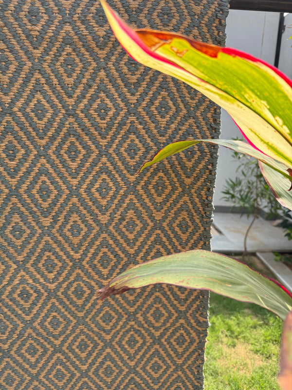 Handwoven Navy Diamond Flatweave Rug- Natural Boho Jute Runner 4x6