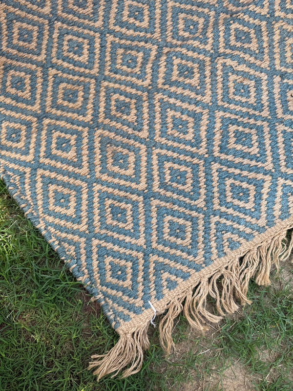 Handwoven Navy Diamond Flatweave Rug- Natural Boho Jute Runner 4x6