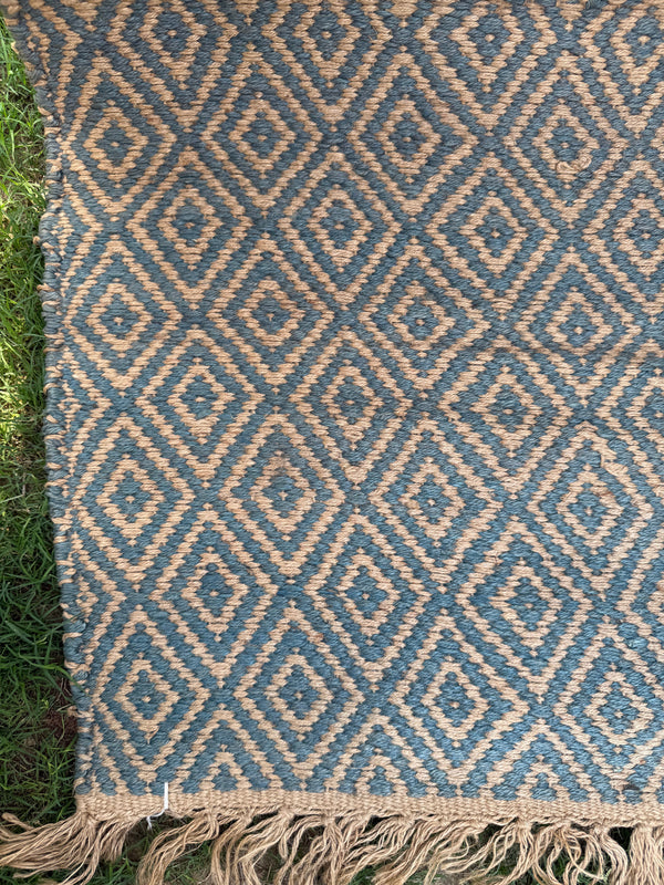 Handwoven Navy Diamond Flatweave Rug- Natural Boho Jute Runner 4x6