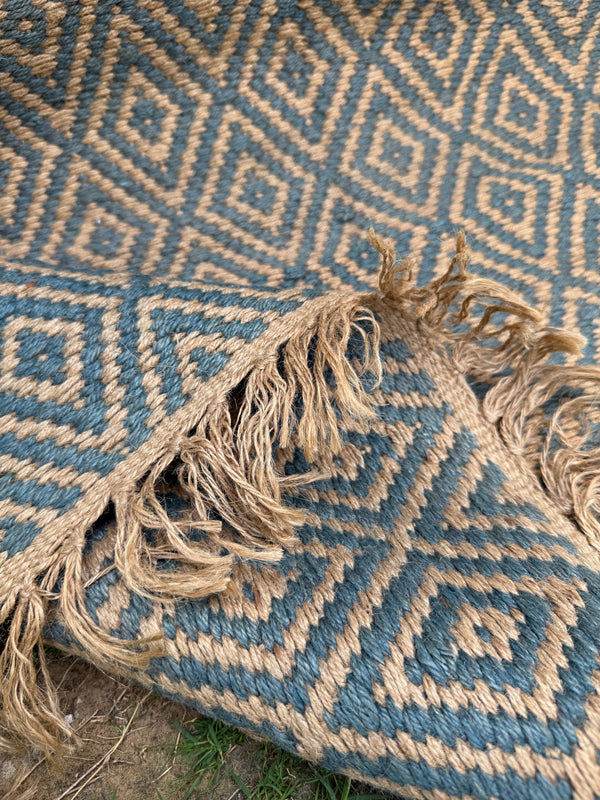 Handwoven Navy Diamond Flatweave Rug- Natural Boho Jute Runner 4x6
