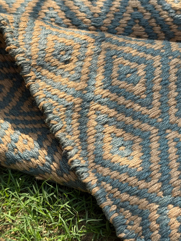 Handwoven Navy Diamond Flatweave Rug- Natural Boho Jute Runner 4x6