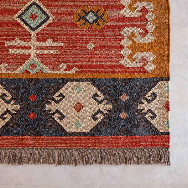 Bandhej Boho Rustic Jute Wool Kilim Area Rug