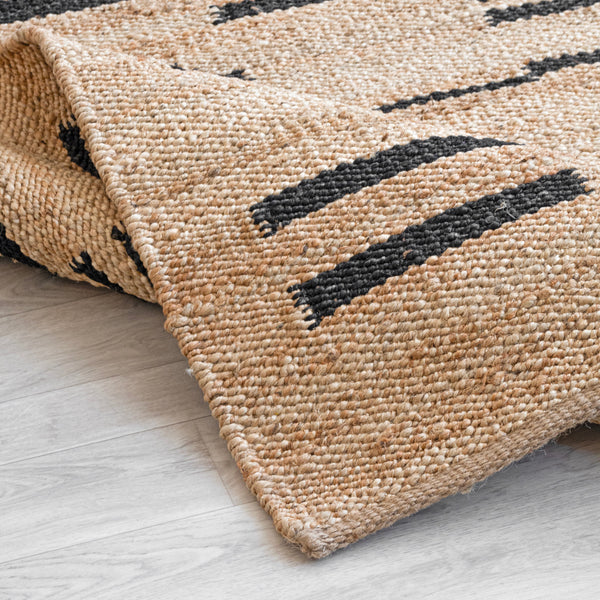 Taari Striped Natural Jute Boho Area Rug, Beige Black