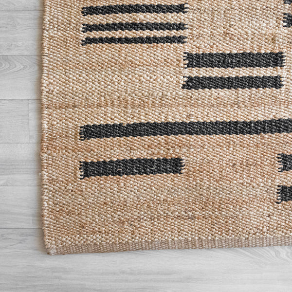 Taari Striped Natural Jute Boho Area Rug, Beige Black