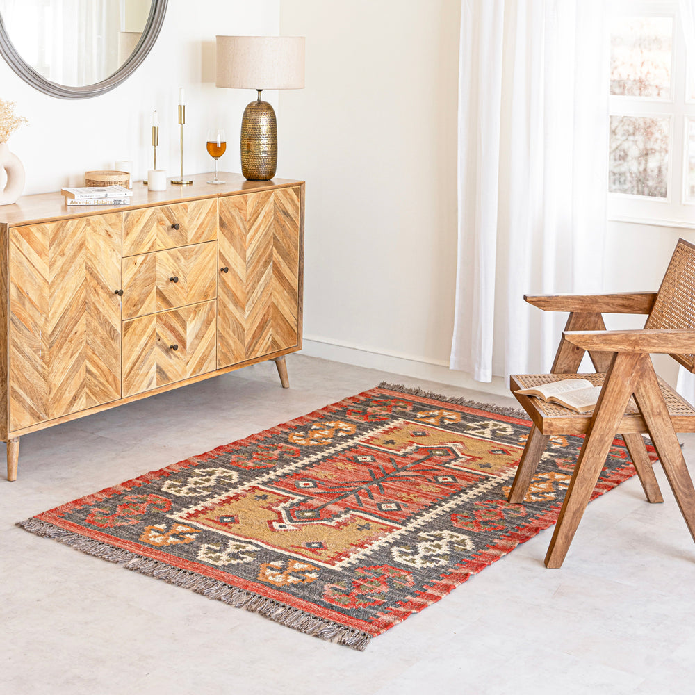 Decorative Jute Kilim rug with intricate patterns on a white background