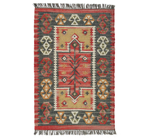 Decorative Jute Kilim rug with intricate patterns on a white background